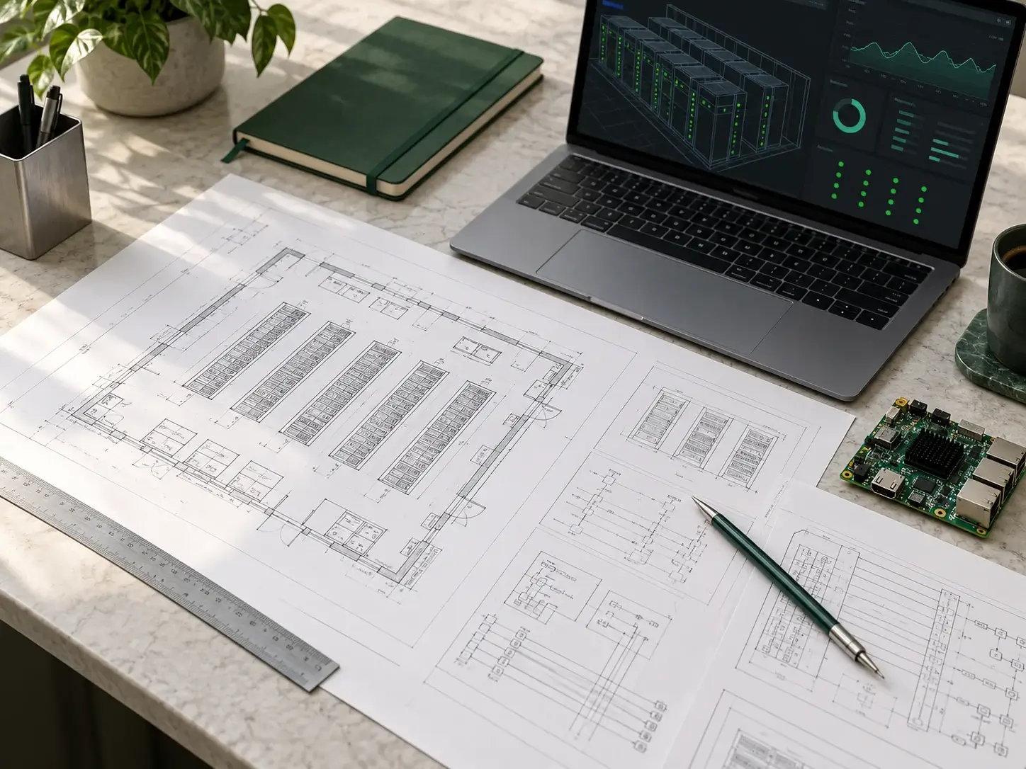 Engineering workspace with technical drawings, a laptop and electronic components