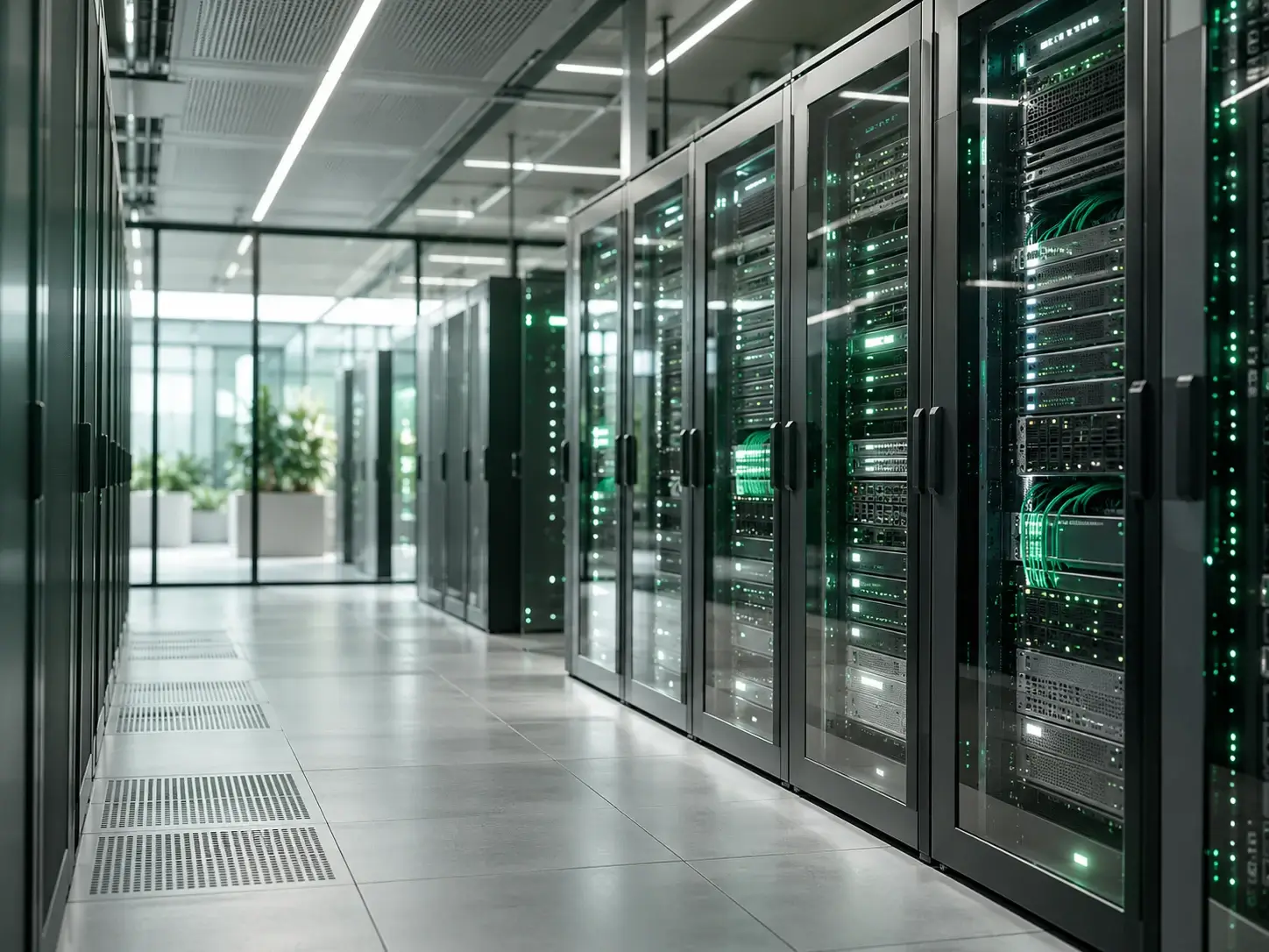 Modern data centre aisle with glass-fronted equipment cabinets